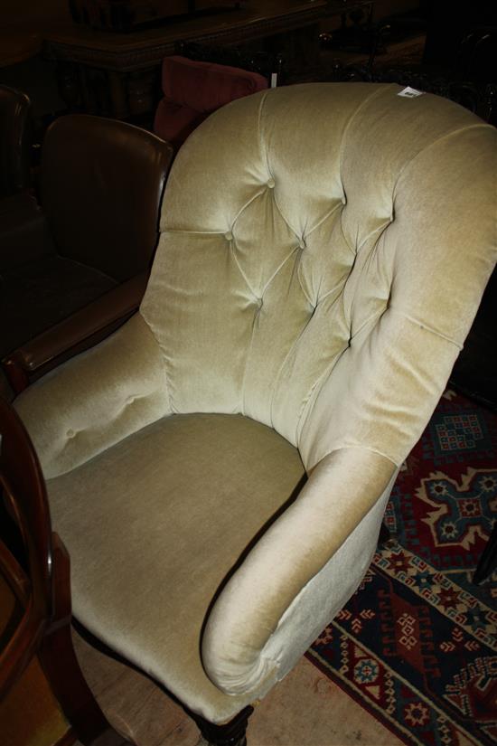 Victorian mahogany framed button back armchair(-)